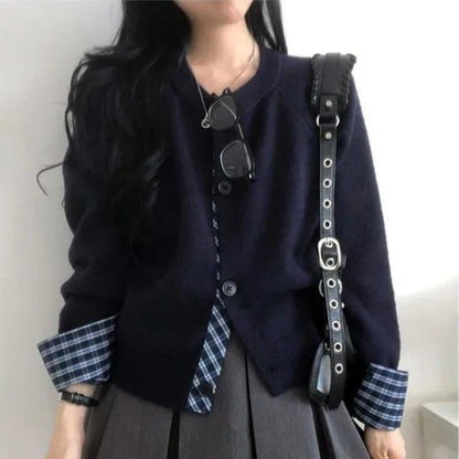Crewneck Plaid Trim Cardigan