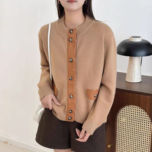 Crew Neck Plain Patchwork Cardigan