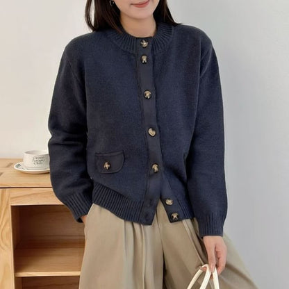 Crew Neck Plain Patchwork Cardigan