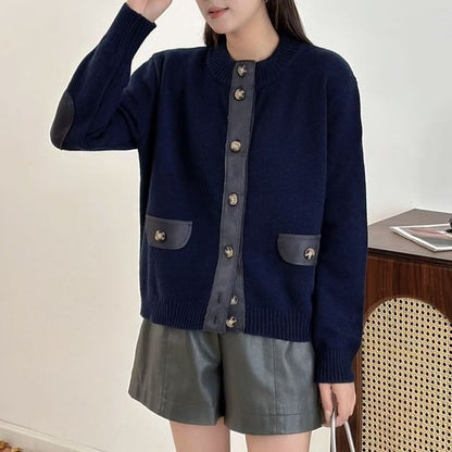 Crew Neck Plain Patchwork Cardigan