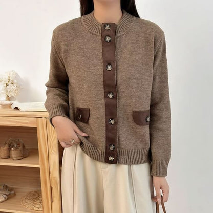 Crew Neck Plain Patchwork Cardigan