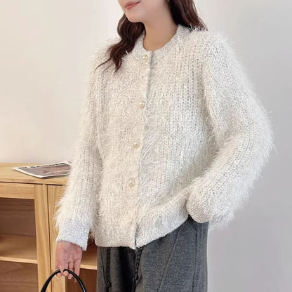 Crew Neck Plain Fluffy Cardigan