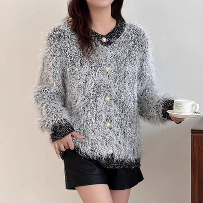 Crew Neck Plain Fluffy Cardigan