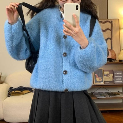 Puff-Sleeve Crew Neck Plain Cardigan