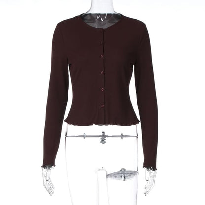 Long Sleeve Round Neck Plain Ruffled-Trim Slim-Fit Crop Light Cardigan