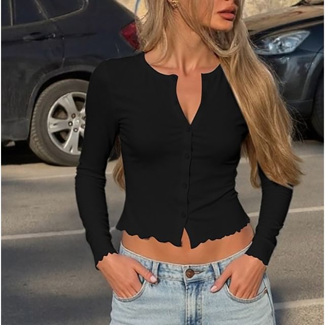 Long Sleeve Round Neck Plain Ruffled-Trim Slim-Fit Crop Light Cardigan