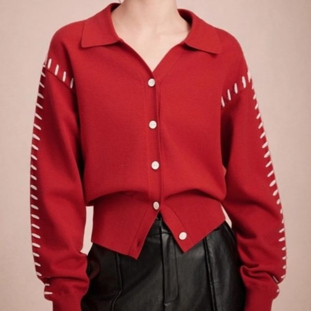 Collared Contrast Stitch Cardigan