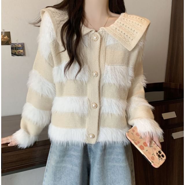 Collar Striped Fluffy Trim Cardigan