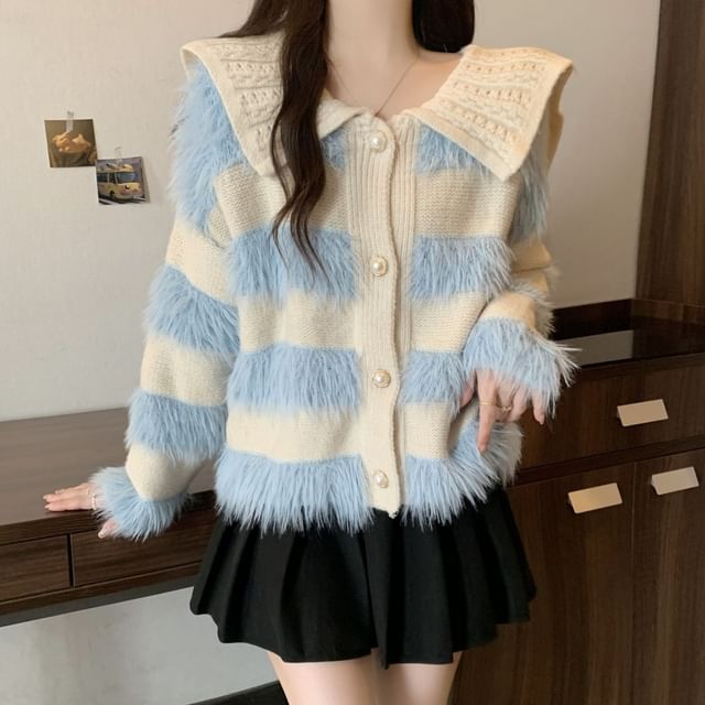 Collar Striped Fluffy Trim Cardigan