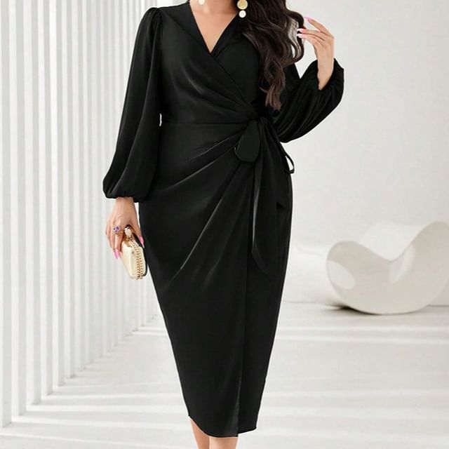 [XL -3XL] Long-Sleeve V-Neck Plain Maxi Sheath Dress