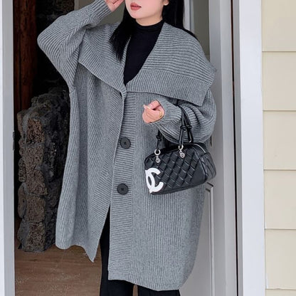 [XL-2XL] Collared Plain Ribbed Cardigan
