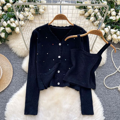 Set: Plain Knit Crop Camisole Top + V-Neck Rhinestone Accent Button-Up Cardigan