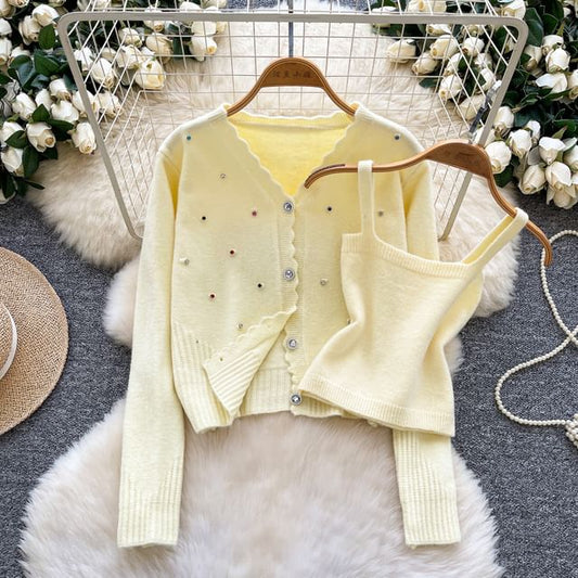 Set: Plain Knit Crop Camisole Top + V-Neck Rhinestone Accent Button-Up Cardigan