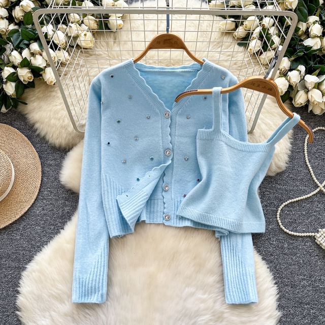 Set: Plain Knit Crop Camisole Top + V-Neck Rhinestone Accent Button-Up Cardigan