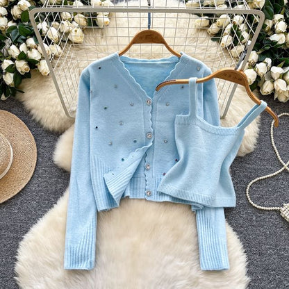 Set: Plain Knit Crop Camisole Top + V-Neck Rhinestone Accent Button-Up Cardigan