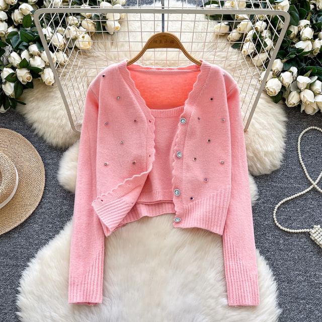 Set: Plain Knit Crop Camisole Top + V-Neck Rhinestone Accent Button-Up Cardigan