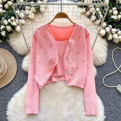 Set: Plain Knit Crop Camisole Top + V-Neck Rhinestone Accent Button-Up Cardigan
