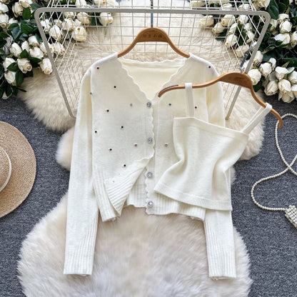 Set: Plain Knit Crop Camisole Top + V-Neck Rhinestone Accent Button-Up Cardigan