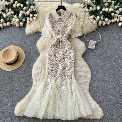 Set: Elbow-Sleeve Collared Rhinestone Accent Lace Maxi Mermaid Dress + Belt