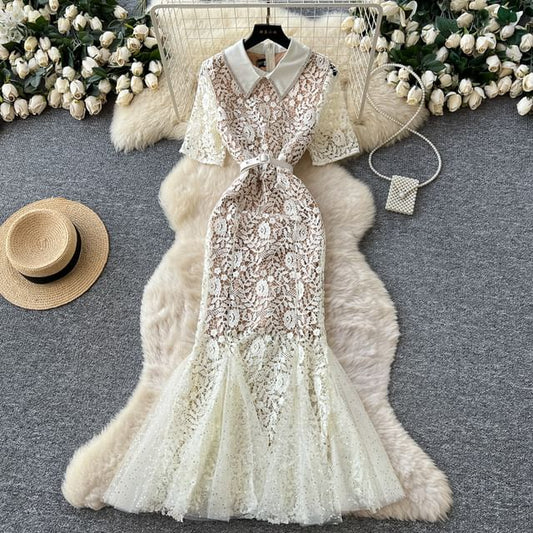 Set: Elbow-Sleeve Collared Rhinestone Accent Lace Maxi Mermaid Dress + Belt