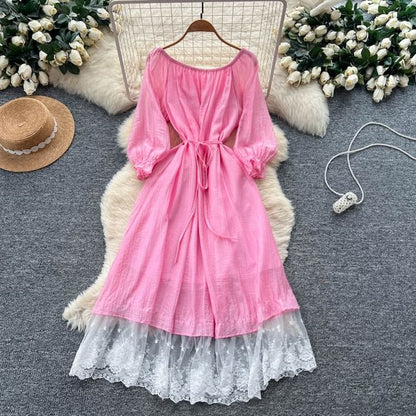 Long-Sleeve Off-Shoulder Lace Panel Tie Waist Maxi A-Line Dress