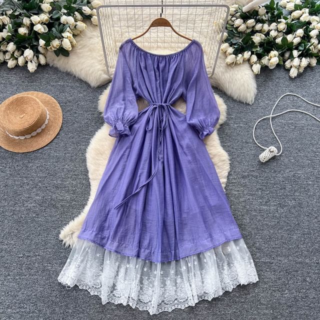 Long-Sleeve Off-Shoulder Lace Panel Tie Waist Maxi A-Line Dress