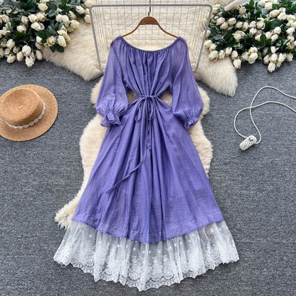 Long-Sleeve Off-Shoulder Lace Panel Tie Waist Maxi A-Line Dress