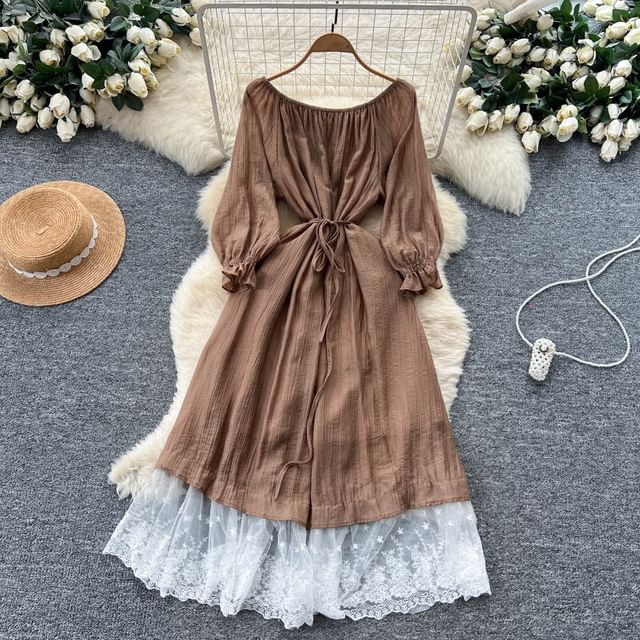 Long-Sleeve Off-Shoulder Lace Panel Tie Waist Maxi A-Line Dress