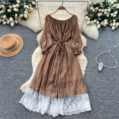 Long-Sleeve Off-Shoulder Lace Panel Tie Waist Maxi A-Line Dress