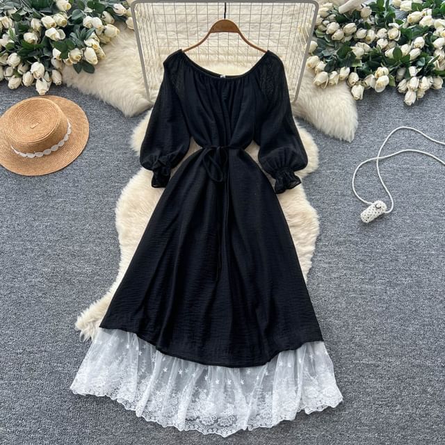 Long-Sleeve Off-Shoulder Lace Panel Tie Waist Maxi A-Line Dress