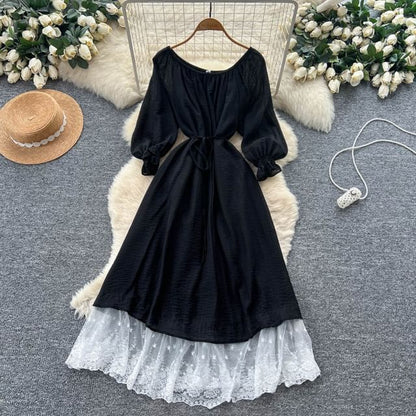 Long-Sleeve Off-Shoulder Lace Panel Tie Waist Maxi A-Line Dress