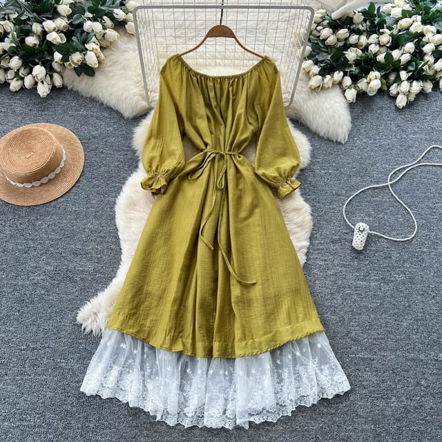 Long-Sleeve Off-Shoulder Lace Panel Tie Waist Maxi A-Line Dress