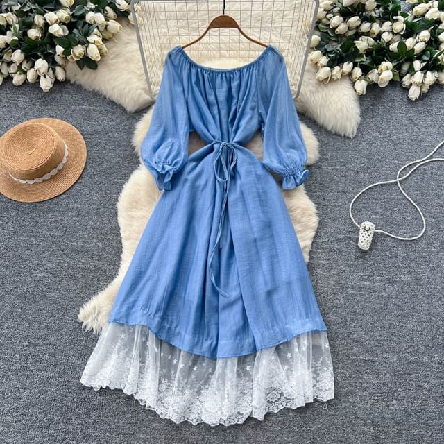 Long-Sleeve Off-Shoulder Lace Panel Tie Waist Maxi A-Line Dress