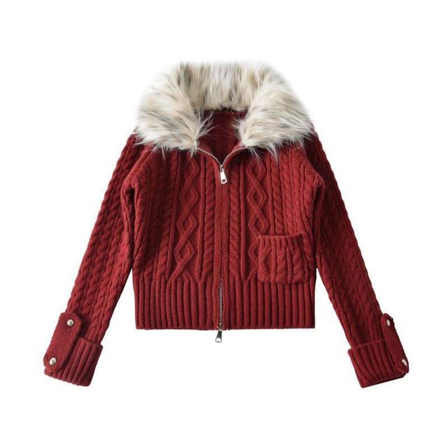 Fluffy Collar Plain Cable Knit Zip Cardigan
