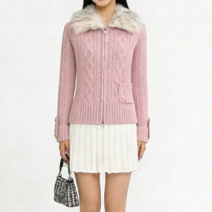 Fluffy Collar Plain Cable Knit Zip Cardigan