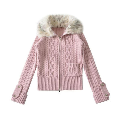 Fluffy Collar Plain Cable Knit Zip Cardigan