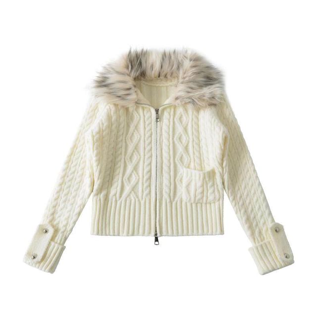 Fluffy Collar Plain Cable Knit Zip Cardigan
