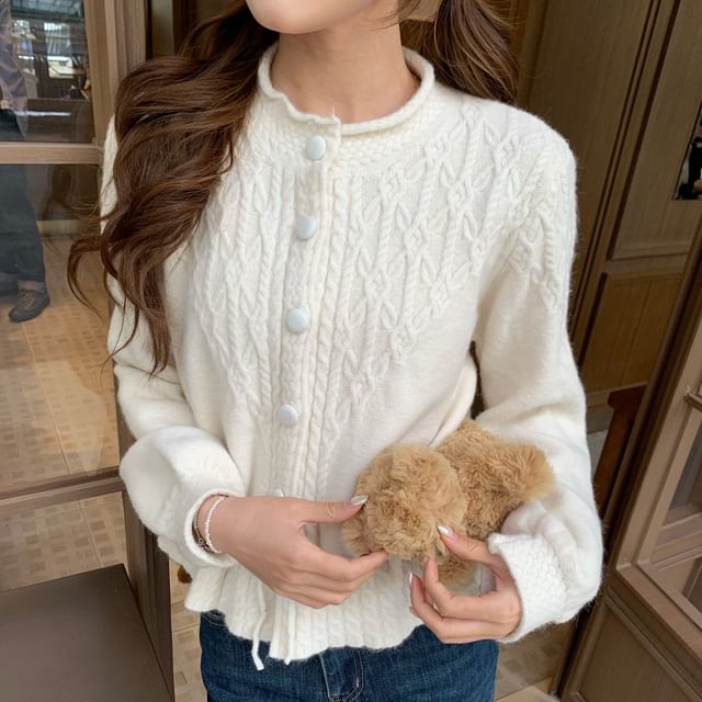 Round Neck Plain Drawstring Cable Knit Cardigan