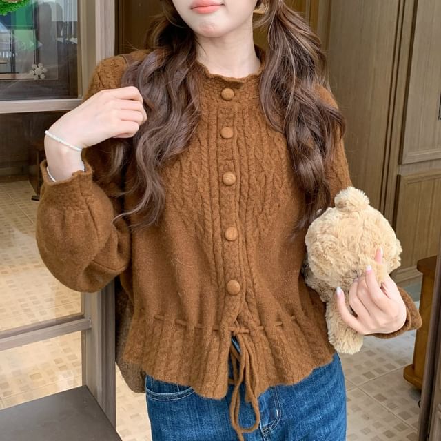 Round Neck Plain Drawstring Cable Knit Cardigan