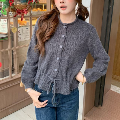 Round Neck Plain Drawstring Cable Knit Cardigan