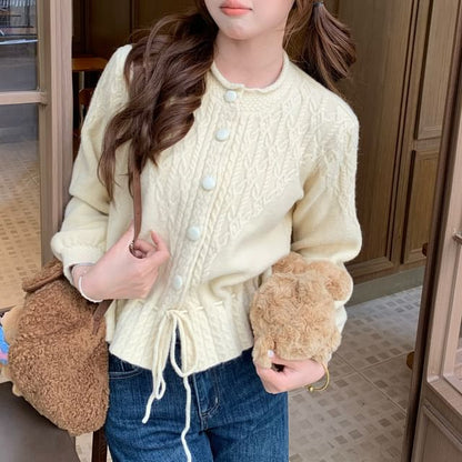 Round Neck Plain Drawstring Cable Knit Cardigan