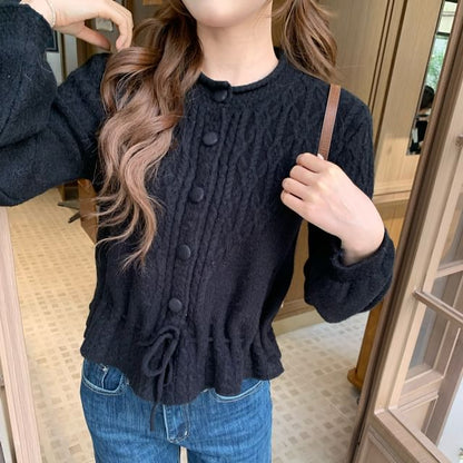 Round Neck Plain Drawstring Cable Knit Cardigan