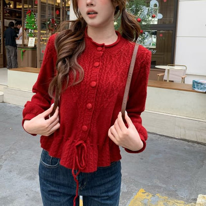 Round Neck Plain Drawstring Cable Knit Cardigan
