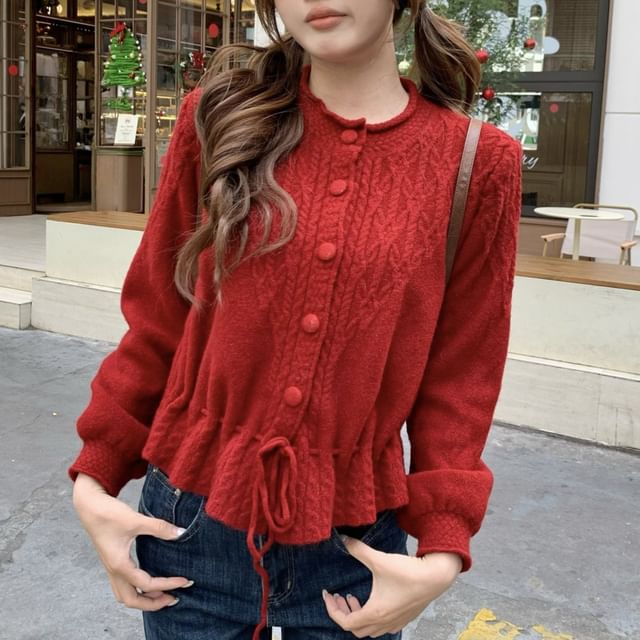 Round Neck Plain Drawstring Cable Knit Cardigan