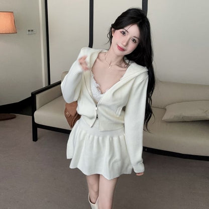 Set: Plain Hood Zip Cardigan + High Waist Knit Mini A-Line Skirt