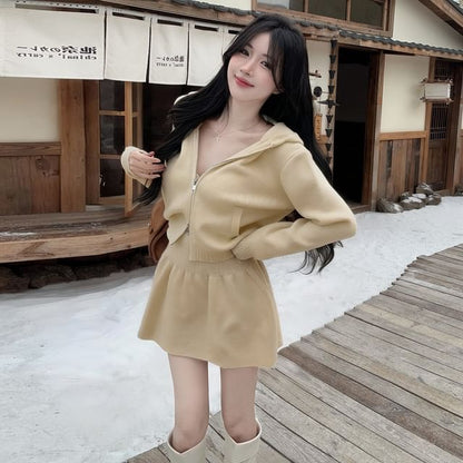 Set: Plain Hood Zip Cardigan + High Waist Knit Mini A-Line Skirt