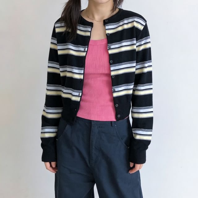 Round Neck Multicolor Striped Cardigan