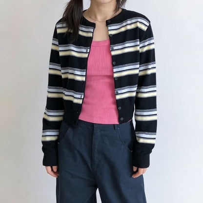 Round Neck Multicolor Striped Cardigan