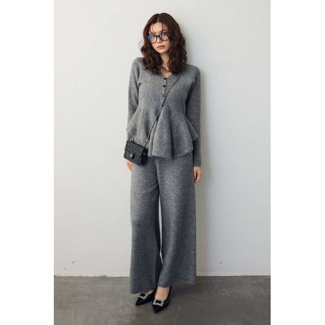 Set: V-Neck Plain Ruffle Hem Button-Up Cardigan + Mid Rise Wide Leg Pants