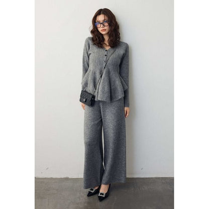 Set: V-Neck Plain Ruffle Hem Button-Up Cardigan + Mid Rise Wide Leg Pants